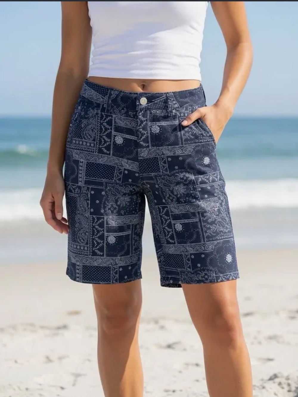 CALI 1850 Women's Navy Bandana Print Bermuda/Long Shorts Streetwear/Boho NWT!🌷